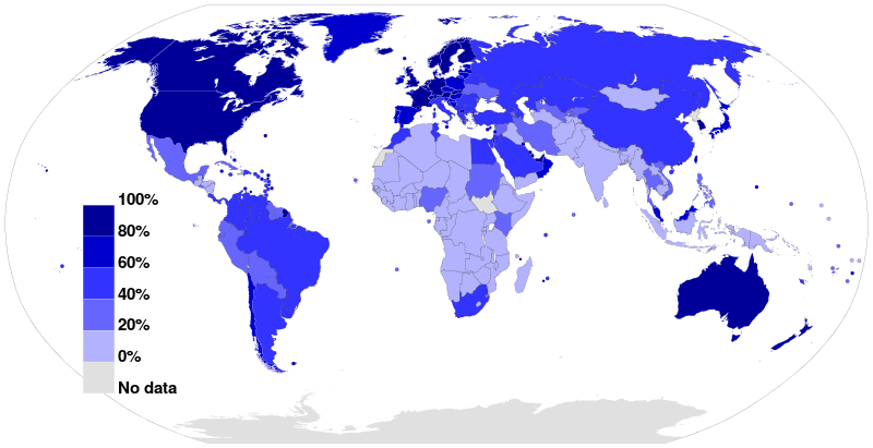 2012'de ülkelerin nüfuslarının yüzdesi olarak, internet kullanıcıları.
