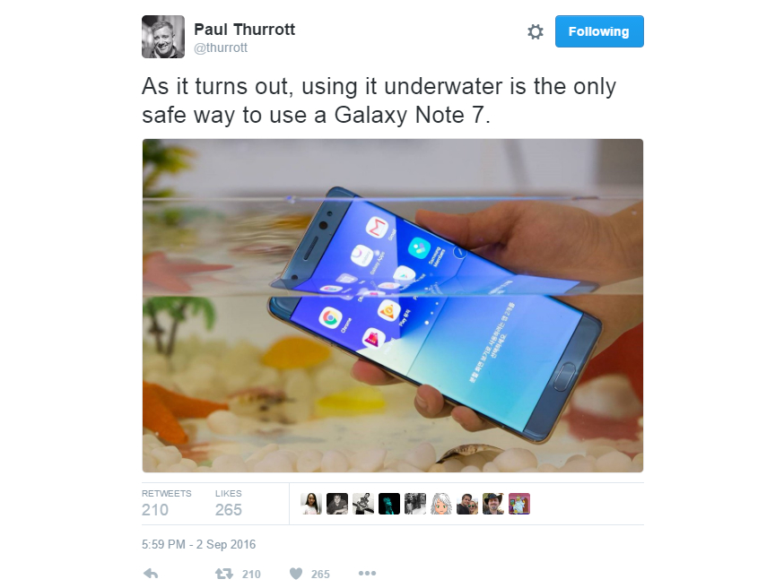 Suya dayanıklı olan Galaxy Note 7'yi su altında tutarak yanmamasını sağlayabilirsiniz.